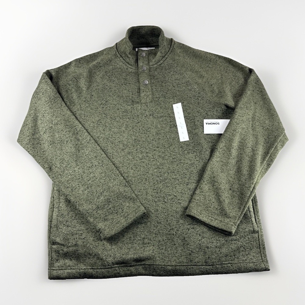 Sonoma Supersoft Sweater Fleece Mens L Green 1/4 Snap Sweatshirt Preppy L/S NEW